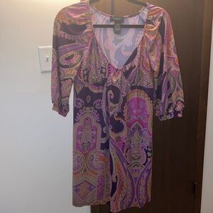 Alyn Paige Purple Paisley Midi Dress with Pink & Orange Accents